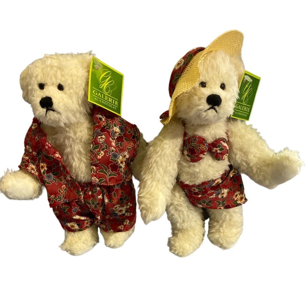 Rare Two Vintage Matching Vacationing Bears in Tropical Outfits